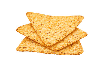 Fototapeta premium Stack of crunchy golden tortilla chips with seasoning, ready for dipping, savory appetizer snack, transparent background