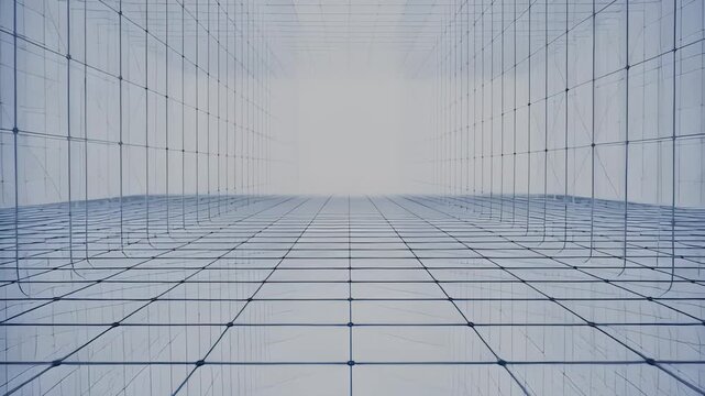 Empty glass grid interior with perspective lines and bright light
