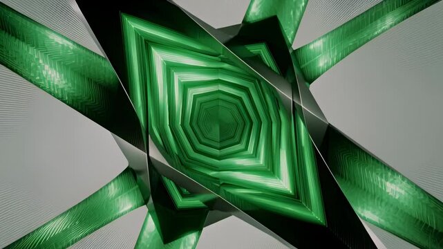 Abstract green geometric tunnel with glowing neon frames
