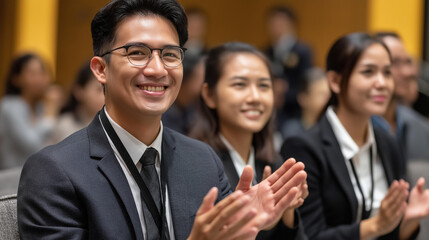 Fototapeta premium Group of business people in seminar formal meeting, people in business formal wear cheerful and enjoying listening to presentation, company shareholder annual meeting in hall