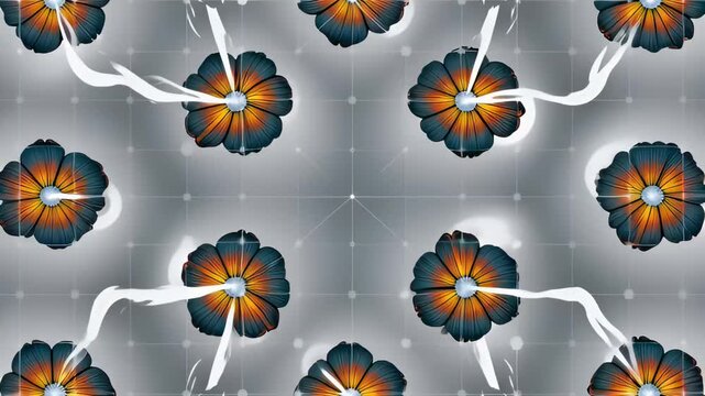 Abstract floral pattern with blue orange flowers and flowing ribbons on a gray geometric background