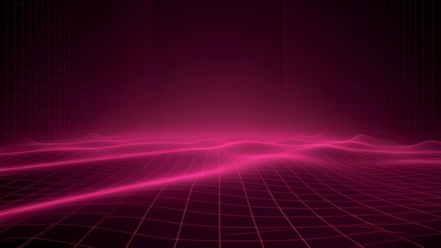 Abstract neon pink grid landscape with glowing lines and dark horizon