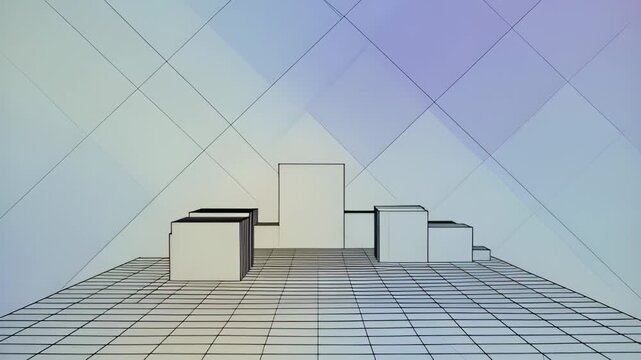 Minimalist pastel 3D room with geometric cubes on a grid floor