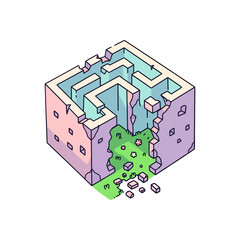 Isometric Broken Maze Cube with Green Nature Escaping.