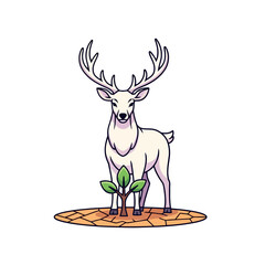 Majestic white stag with large antlers standing over a small green plant.