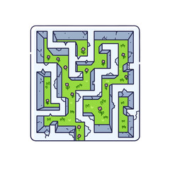 Illustrated square stone maze with a winding green path puzzle.