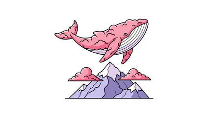 Surreal illustration of a majestic pink whale floating in the air.