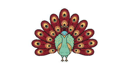 Elegant peacock illustration with a royal crown and vibrant red tail feathers.
