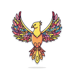 Stylized mythical phoenix bird with colorful intricate wing patterns.