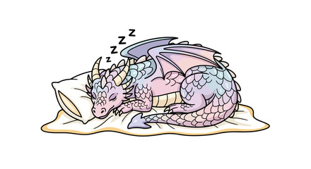 Cute cartoon baby dragon sleeping peacefully on a soft pillow.