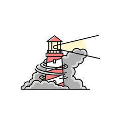 Red and white striped lighthouse shining a beam through swirling storm clouds.