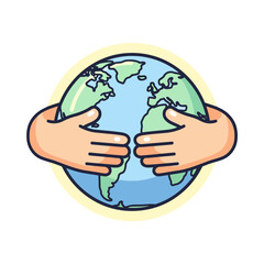 Cartoon hands lovingly embracing planet Earth illustration.