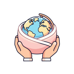 Caring hands holding planet Earth in a baby bassinet illustration.