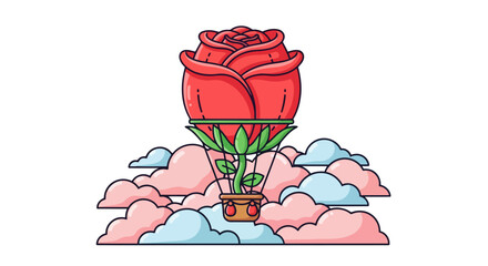 Romantic Red Rose Flower Shaped Hot Air Balloon Illustration.