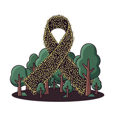 Giant awareness ribbon symbol illuminated with sparkling golden lights.