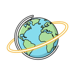 Stylized cartoon illustration of planet Earth globe with an orbiting ring.