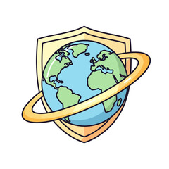 Illustrated planet Earth with a surrounding ring and a protective shield.