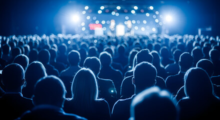 Obraz premium Crowd of people at a concert with stage lights and performers in the background enjoying live music in a dark venue