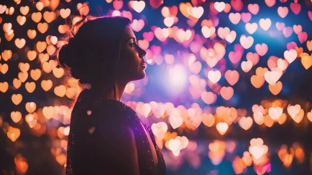 Silhouette of a woman adorned with abstract hearts and vibrant light patterns, bokeh hearts backdrop for love, wedding, or valentine's themes