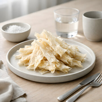 Ultra-realistic Scandinavian food photography of Icelandic dried fish (har&eth;fiskur) on a minimalist ceramic plate. Soft natural window light, clean Nordic table setting, calm modern lifestyle mood.