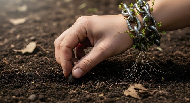 Hand planting seed in soil with green chain bracelet, symbolizing growth and harmony with nature outdoors