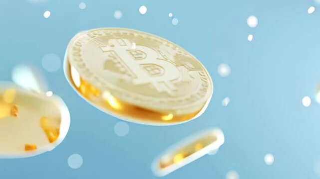 Numerous shiny gold bitcoin coins falling and spinning in slow motion against a light blue background, representing the dynamic and ever changing digital currency market and blockchain technology