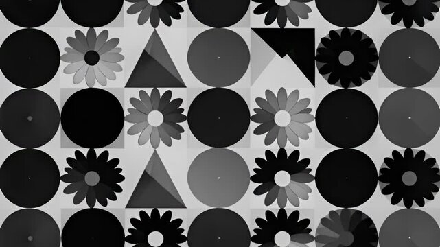 Black and white geometric floral pattern with circles, flowers, and triangles in a grid