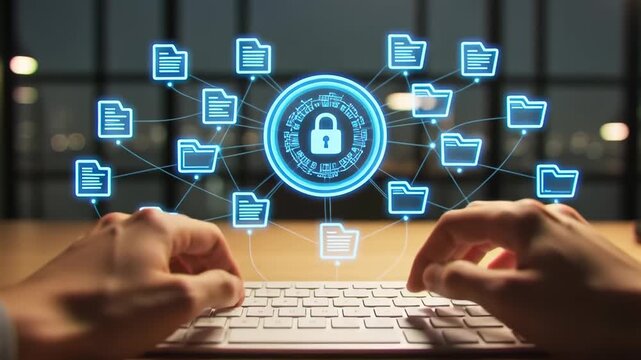 Hands typing on keyboard with blue holographic file network and security lock icon, illustrating cyber data protection and encryption concepts.