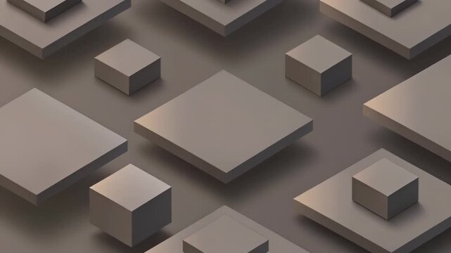 Abstract geometric cubes on a soft beige platform with layered square patterns in perspective