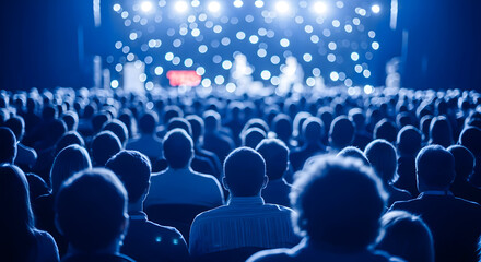 Obraz premium Crowd of people watching a concert or live performance on stage under bright blue stage lights