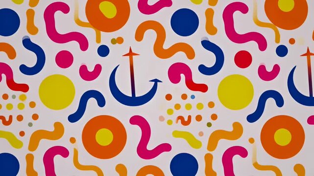 Colorful abstract pattern with bright circles and squiggly shapes on a white background