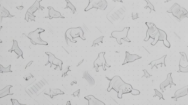 Seamless pattern of polar bears in playful line art poses on a light neutral background