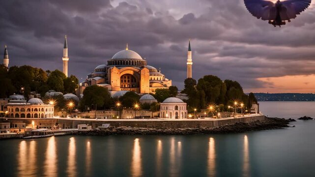 Hagia Sophia at Sunset Iconic Istanbul Landmark, The Hagia Sophia in Istanbul is covered in snow at dusk, Ramadan background animation concept, silhouette of hagia sophia mosque with night sky 