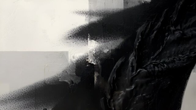 Abstract grayscale composition with textured surface and spray-like diagonal motion