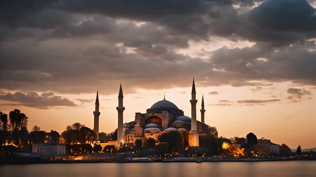 Hagia Sophia at Sunset Iconic Istanbul Landmark, The Hagia Sophia in Istanbul is covered in snow at dusk, Ramadan background animation concept, silhouette of hagia sophia mosque with night sky 