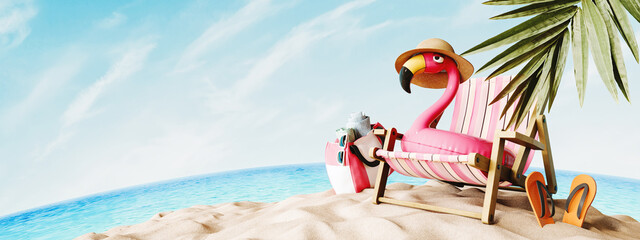 Pink flamingo in deck chair on sand beach with summer accessories. Summer travel concept design with copy space. 3D Rendering, 3D Illustration © hd3dsh