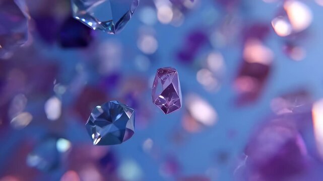 Floating blue and purple crystal prisms with soft lighting and translucent facets