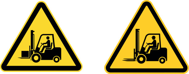 Two yellow triangular warning signs with black forklift and operator also transparent background triangle © PixelSaga MH2 
