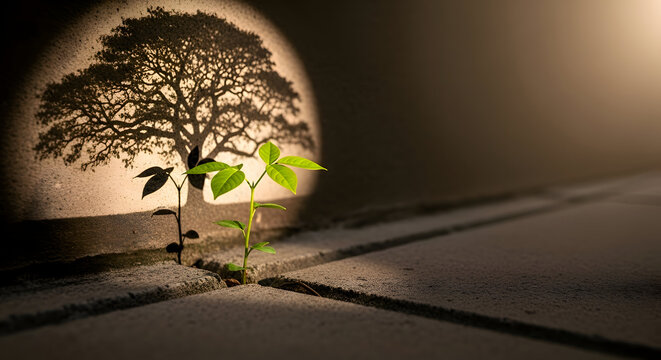 Young sapling growing into mature tree silhouette on stone pavement with dramatic lighting and contrasting shadows
