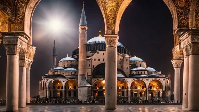Hagia Sophia at Sunset Iconic Istanbul Landmark, The Hagia Sophia in Istanbul is covered in snow at dusk, Ramadan background animation concept, silhouette of hagia sophia mosque with night sky 
