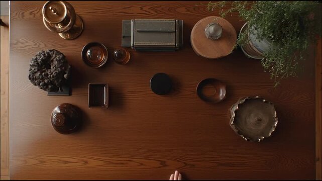 Overhead view of objects arranged on wooden surface