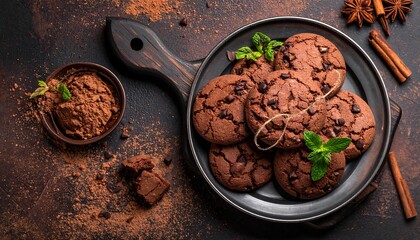 Delicious Chocolate Chip Cookies on a Rustic Plate with Spices.