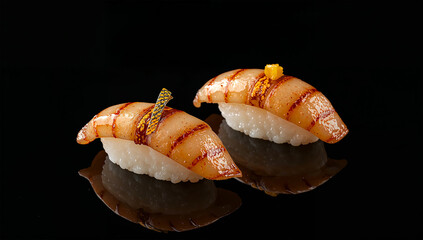 黒地に二貫の帆立炙り寿司を上品に配したミニマルな盛り