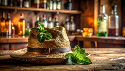 Rustic bar scene with hat and mint garnish.