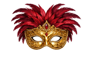 Golden carnival mask with luxurious red feathers and jewels on top, ideal for mardi gras, mystery, or performing arts concepts