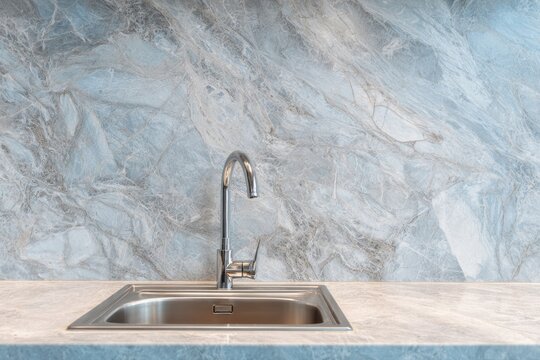 Polished metal faucet centered above a stainless steel basin set into a stone countertop with a dramatic blue marble backsplash