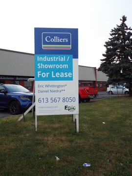 Ottawa, ON, Canada-July 9,2025: A "Colliers real estate sign" on Industrial Avenue advertises industrial and showroom space for lease on Industrial Avenue.
