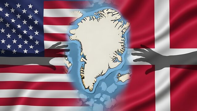 greenland map with united states and denmark flags symbolizing geopolitical relations.
