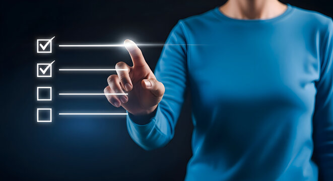 Person interacting with virtual checklist on dark background futuristic interface with glowing lines and checkboxes