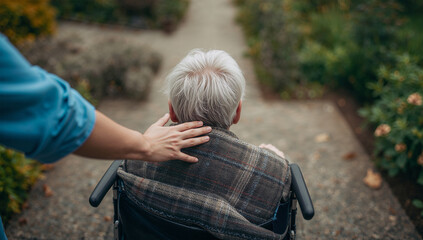 Fototapeta premium 小径を見下ろす角度で介護士が肩に手を添え進行を促す朝
